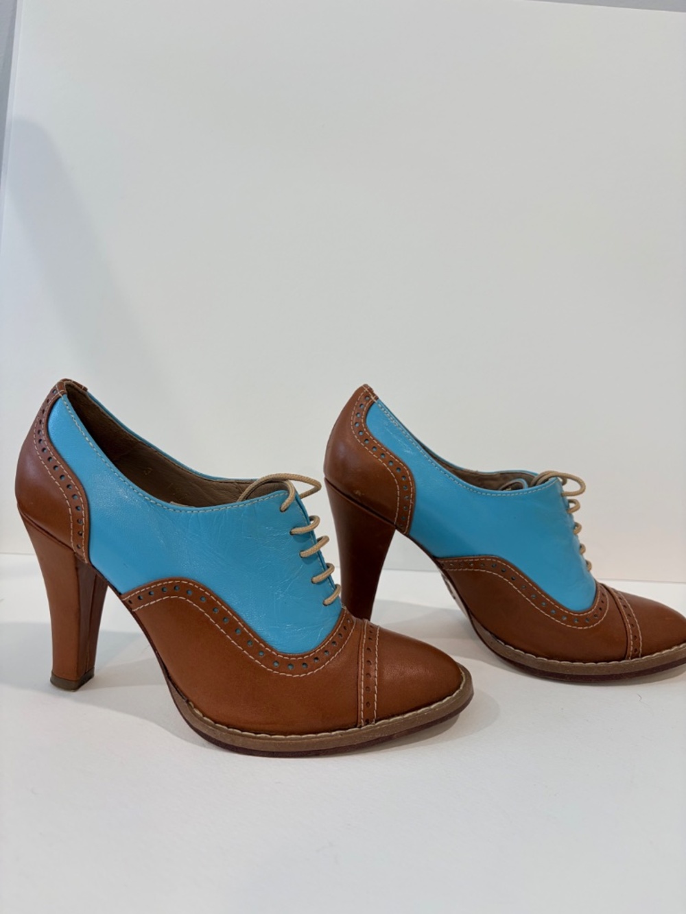 Feminine Leather Oxford Heels Blue Brown Lace-Up spring/summer Pumps US 5.5
